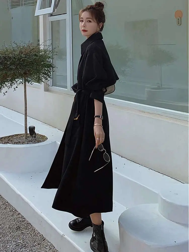 LANMREM Black Office Lady Long Trench Coat Women Lapel Belt Gathered Waist Single Breasted Windbreaker 2024 Spring New 2AA5119