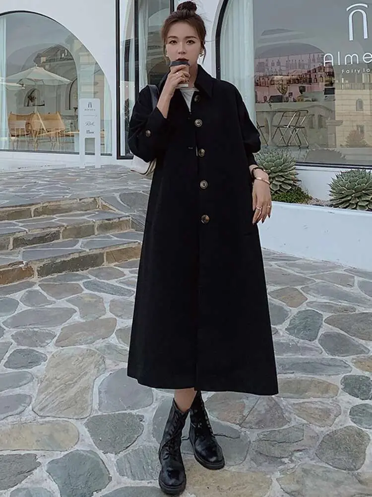 LANMREM Black Office Lady Long Trench Coat Women Lapel Belt Gathered Waist Single Breasted Windbreaker 2024 Spring New 2AA5119