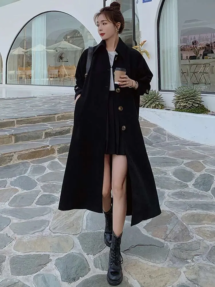 LANMREM Black Office Lady Long Trench Coat Women Lapel Belt Gathered Waist Single Breasted Windbreaker 2024 Spring New 2AA5119
