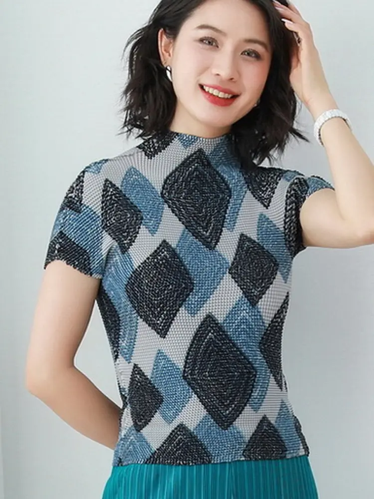 LANMREM Women's Chic Pleated Pullover Top High-end Temperament Print Slimming Stand Collar High Elastic Base T-shirt 2DB3181