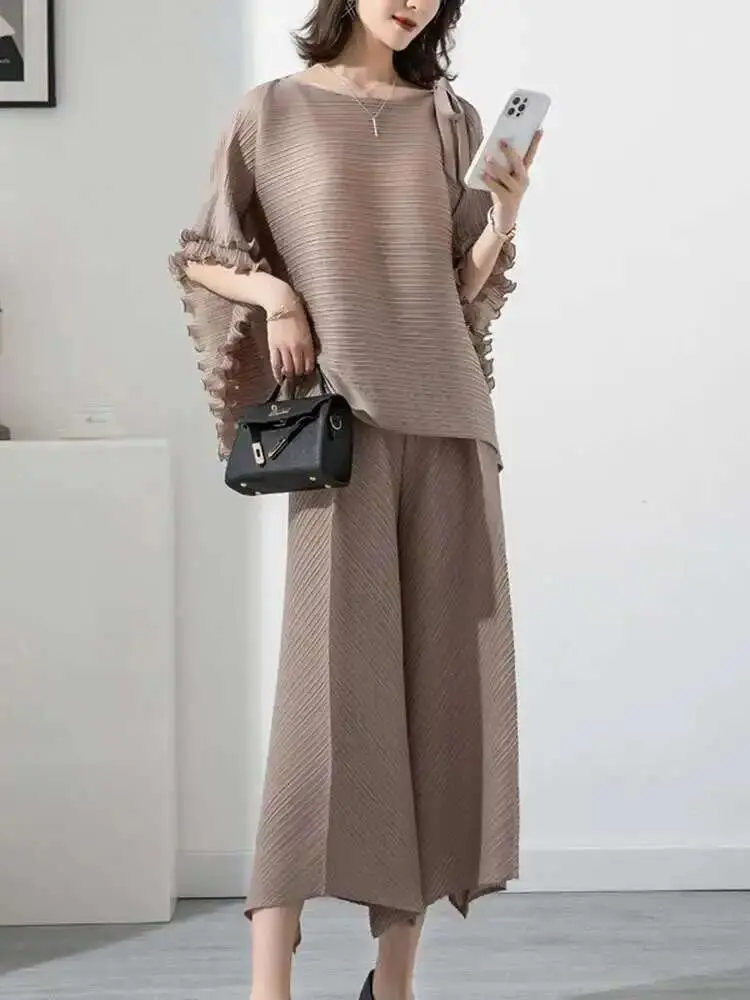 LANMREM Pleated Fashion Sets For Women 2025 Summer New Ruffled Sleeves Loose Shirt Top With Wide-leg Pants Two Pieces Set 2R2236