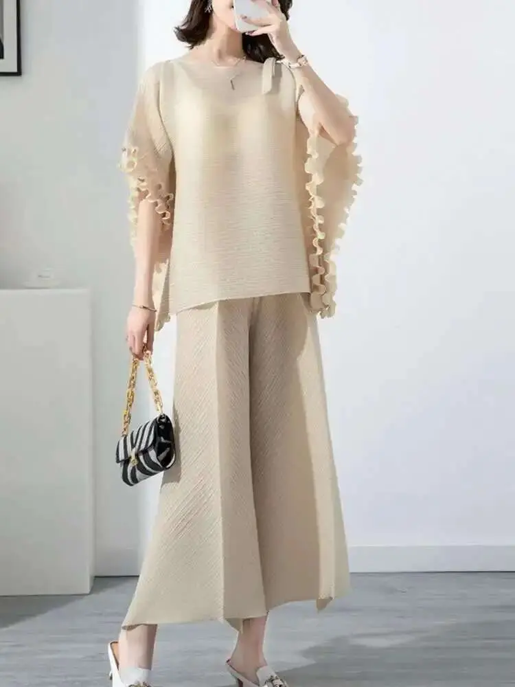 LANMREM Pleated Fashion Sets For Women 2025 Summer New Ruffled Sleeves Loose Shirt Top With Wide-leg Pants Two Pieces Set 2R2236