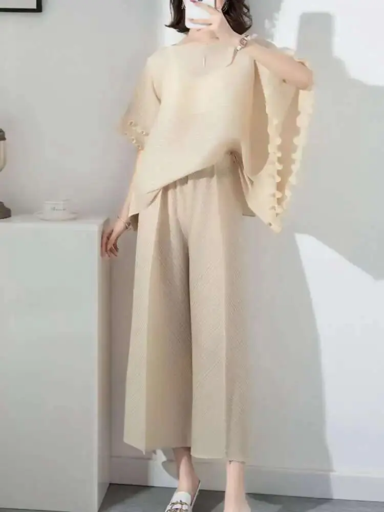 LANMREM Pleated Fashion Sets For Women 2025 Summer New Ruffled Sleeves Loose Shirt Top With Wide-leg Pants Two Pieces Set 2R2236