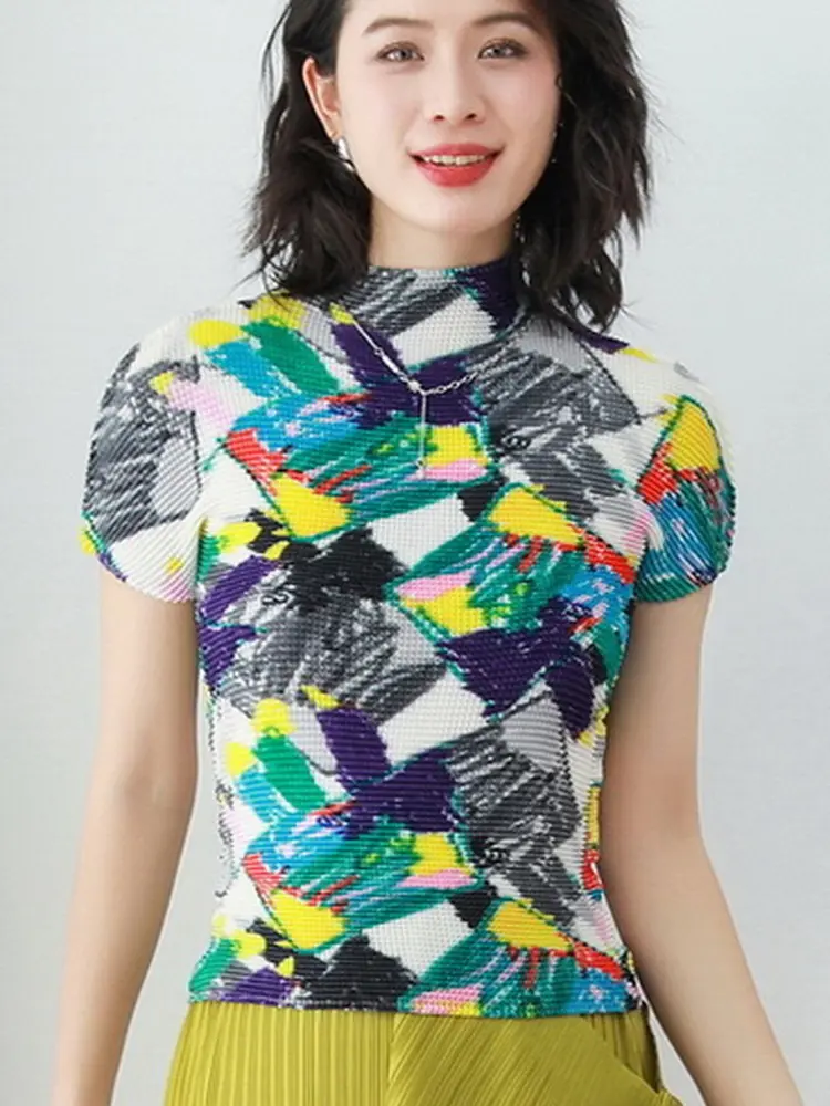 LANMREM Women's Chic Pleated Pullover Top High-end Temperament Print Slimming Stand Collar High Elastic Base T-shirt 2DB3181