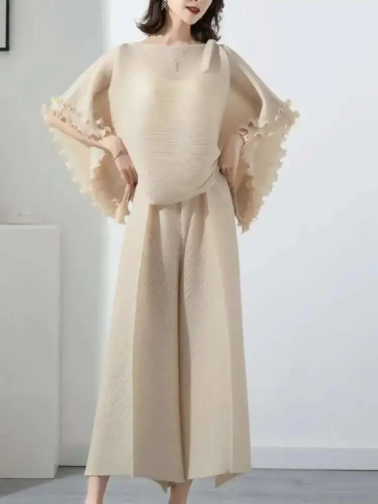 LANMREM Pleated Fashion Sets For Women 2025 Summer New Ruffled Sleeves Loose Shirt Top With Wide-leg Pants Two Pieces Set 2R2236