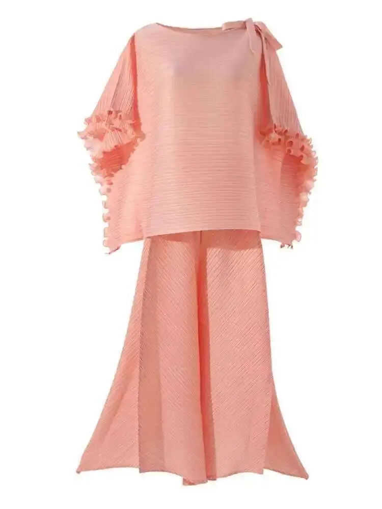 LANMREM Pleated Fashion Sets For Women 2025 Summer New Ruffled Sleeves Loose Shirt Top With Wide-leg Pants Two Pieces Set 2R2236