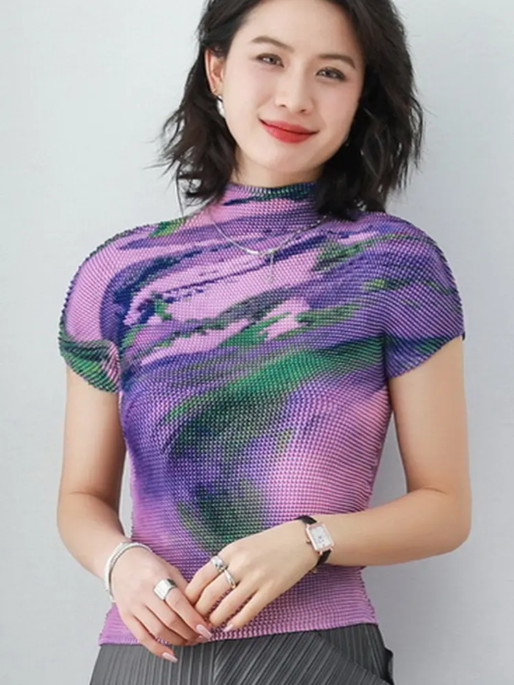 LANMREM Women's Chic Pleated Pullover Top High-end Temperament Print Slimming Stand Collar High Elastic Base T-shirt 2DB3181