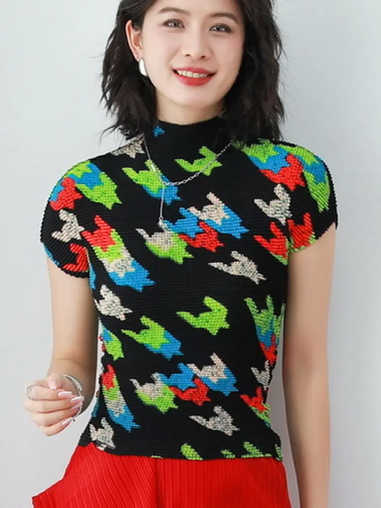 LANMREM Women's Chic Pleated Pullover Top High-end Temperament Print Slimming Stand Collar High Elastic Base T-shirt 2DB3181