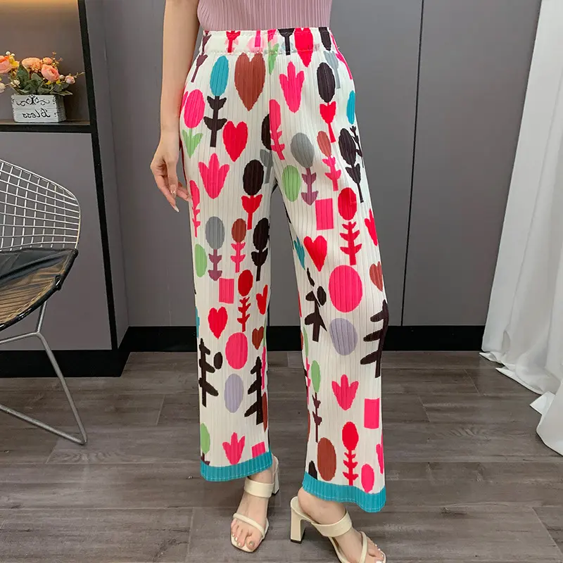 LANMREM Pleated Printed Pants Women's New Pleated Straight Casual Ankle Length Trousers Elastic High Waist Loose Bottoms 2DB3614