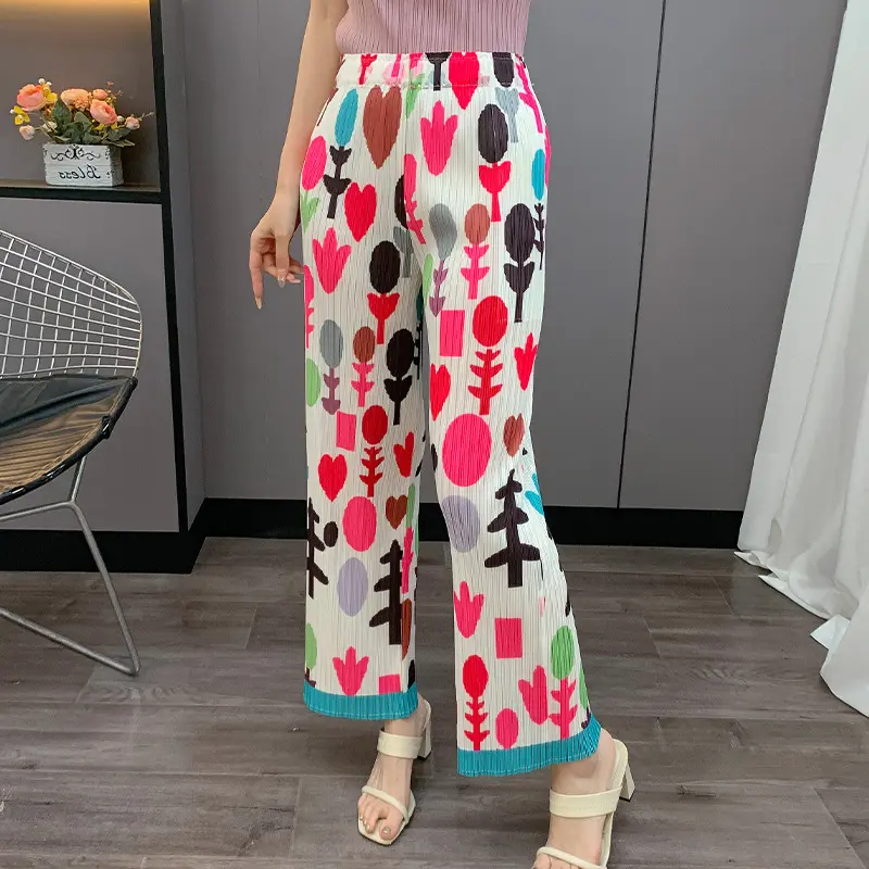 LANMREM Pleated Printed Pants Women's New Pleated Straight Casual Ankle Length Trousers Elastic High Waist Loose Bottoms 2DB3614