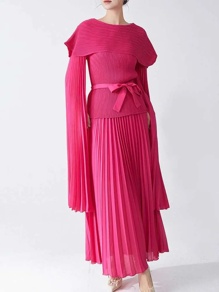 LANMREM 2 Pieces Pleated Sets For Women Round Neck Long Batwing Sleeves Bandage Shirts With A Line Skirts Female Fashion 2DB1690