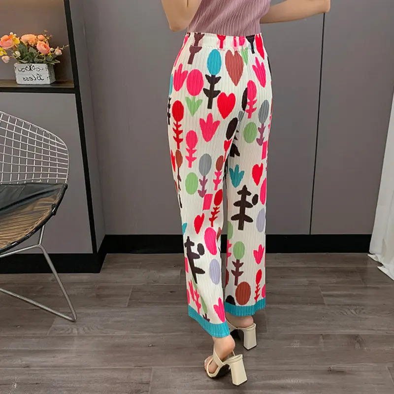 LANMREM Pleated Printed Pants Women's New Pleated Straight Casual Ankle Length Trousers Elastic High Waist Loose Bottoms 2DB3614