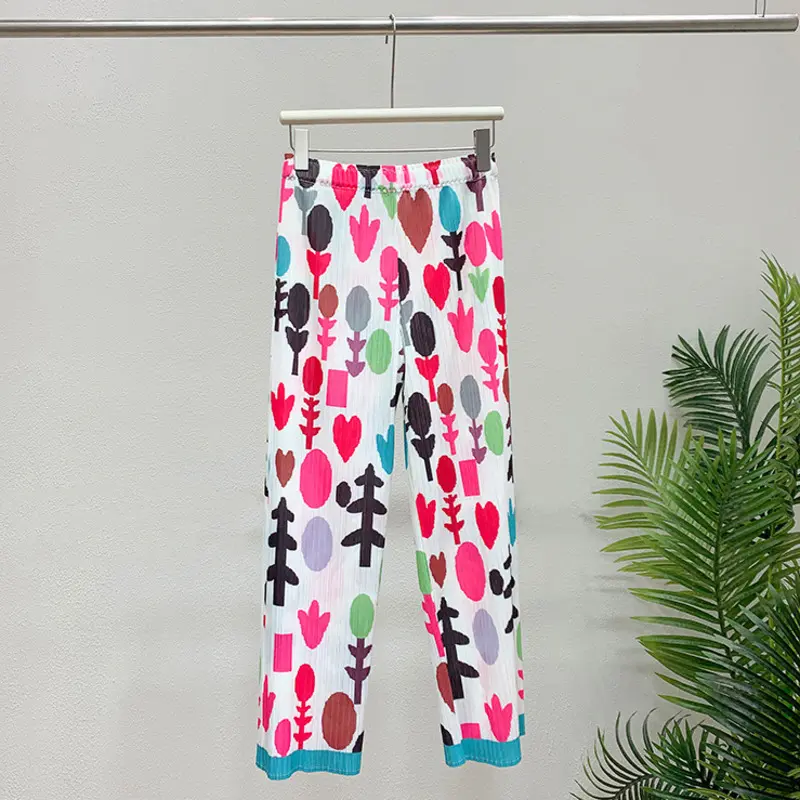 LANMREM Pleated Printed Pants Women's New Pleated Straight Casual Ankle Length Trousers Elastic High Waist Loose Bottoms 2DB3614