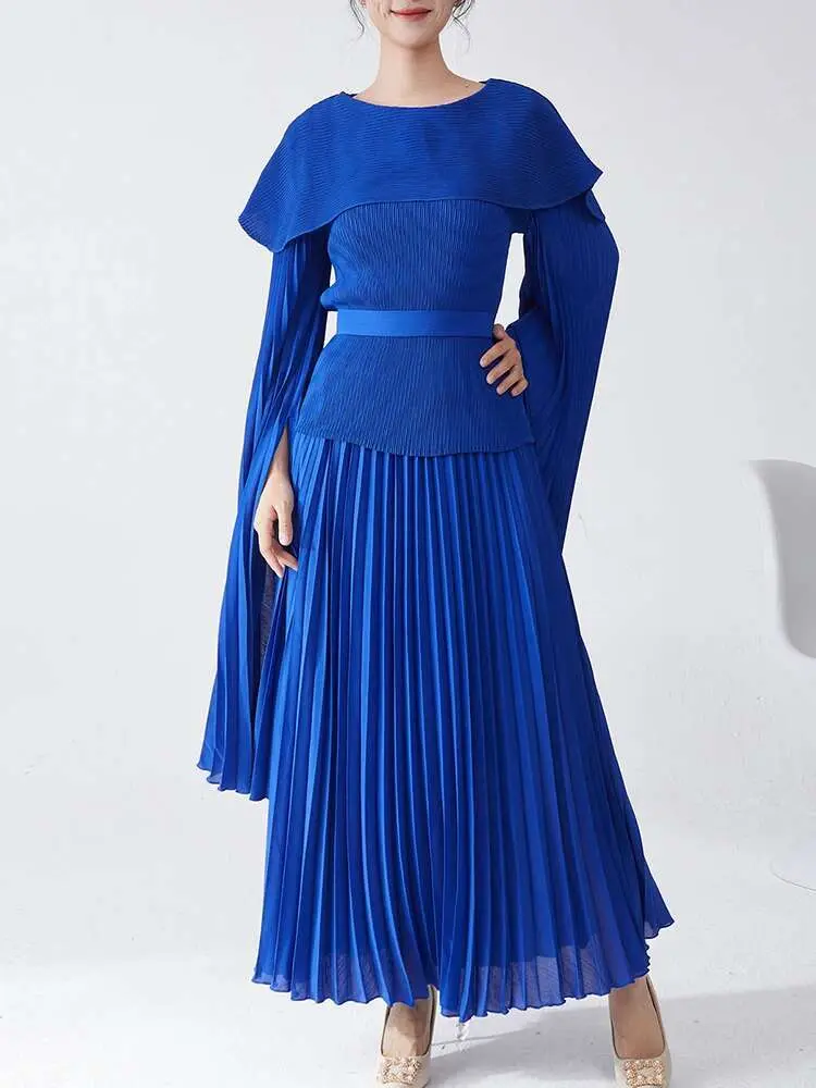 LANMREM 2 Pieces Pleated Sets For Women Round Neck Long Batwing Sleeves Bandage Shirts With A Line Skirts Female Fashion 2DB1690