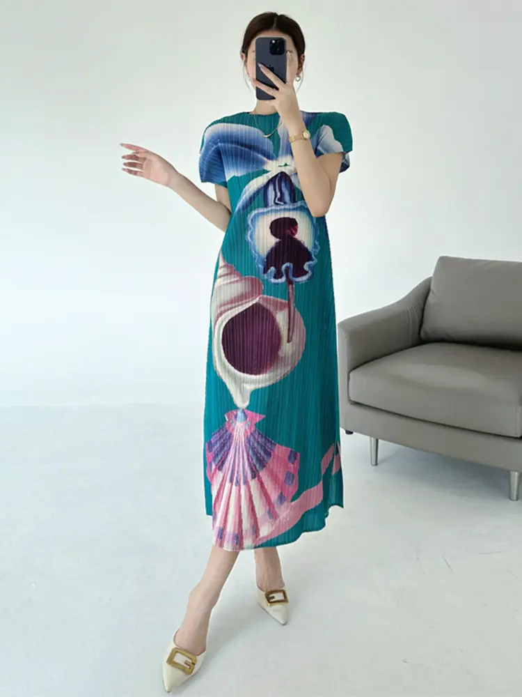 LANMREM High Ealstic Slim Pleated Women's Dress Round Collar Short Sleeve Summer Printting Dresses 2025 Chic New Clothes 2DB3512