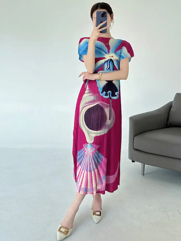 LANMREM High Ealstic Slim Pleated Women's Dress Round Collar Short Sleeve Summer Printting Dresses 2025 Chic New Clothes 2DB3512