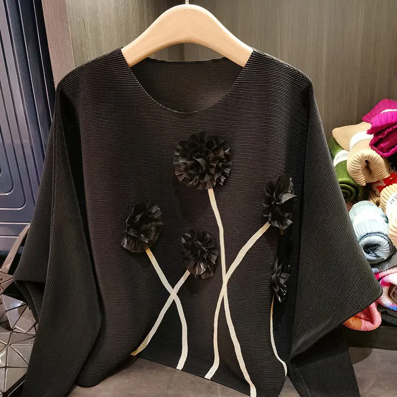 LANMREM O-neck Pleated Women's T-shirt Three-dimensional Flower Spliced Tee Loose Chic Bat Long Sleeved Pullover Top 2DB3336