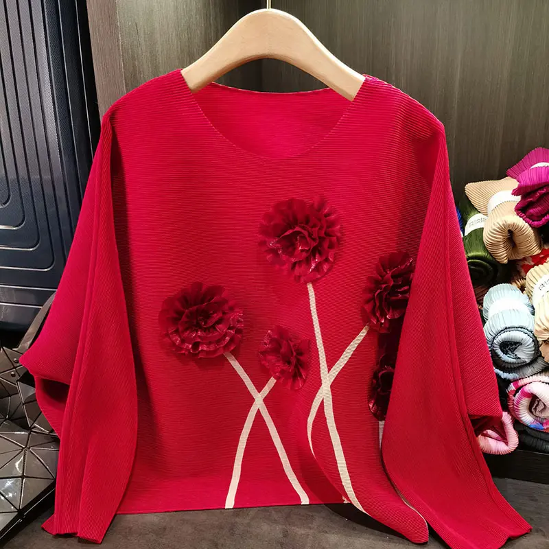 LANMREM O-neck Pleated Women's T-shirt Three-dimensional Flower Spliced Tee Loose Chic Bat Long Sleeved Pullover Top 2DB3336