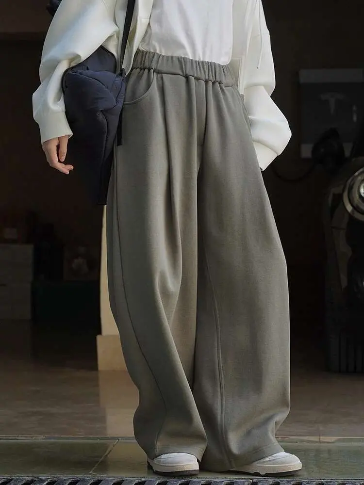 LANMREM Korean Casual Pants For Women High Elastic Waist Solid Color Wide Leg Trousers Female Clothing 2025 Spring New 2YA597