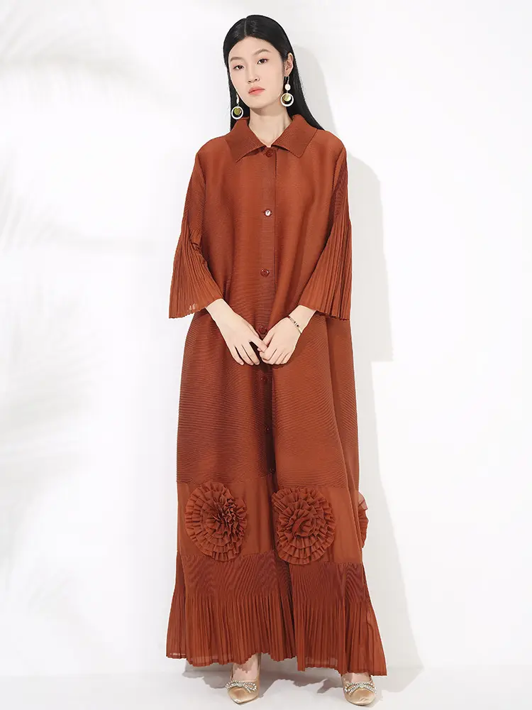 LANMREM Loose Temperament New Women's Dress High-end Chic Lapel Flared Sleeves Floral Long Breasted Cardigan Dresses 2DB3446