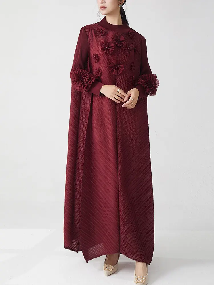 LANMREM Women's Loose Pleated Dress High-end Three-dimensional Flower Spliced Design Casual Stand Collar Long Dresses 2DB3528