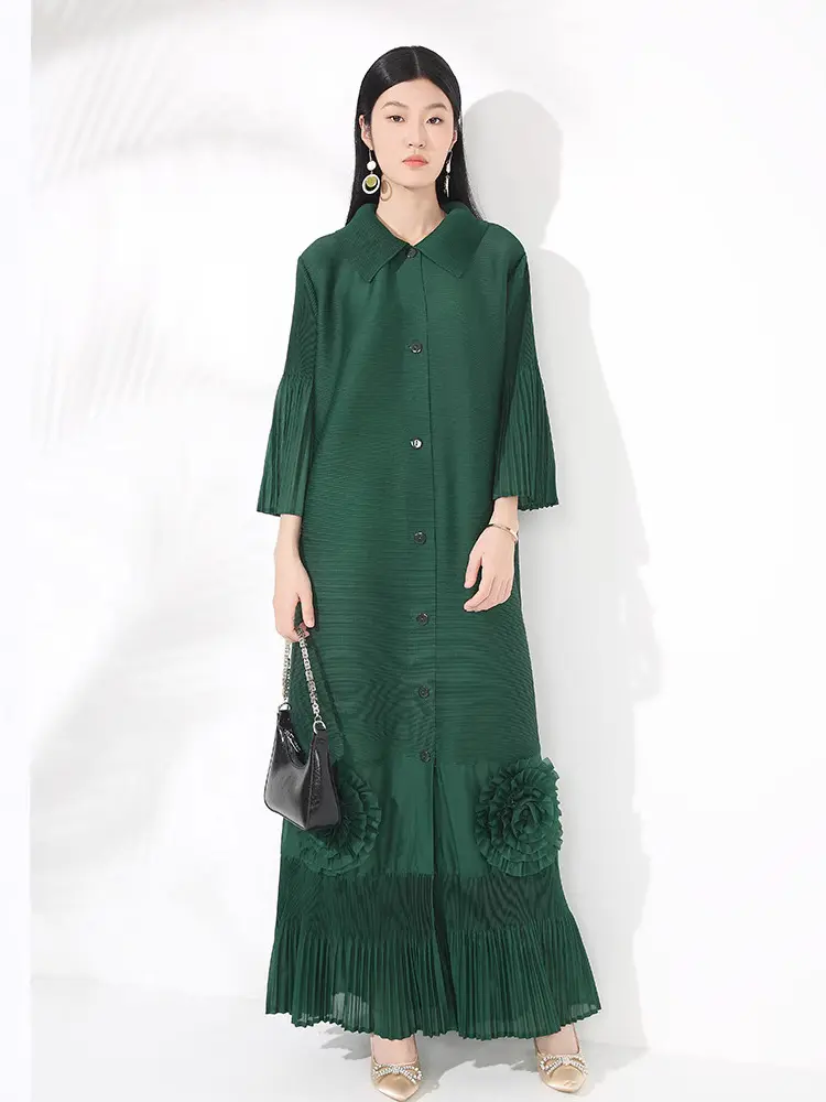 LANMREM Loose Temperament New Women's Dress High-end Chic Lapel Flared Sleeves Floral Long Breasted Cardigan Dresses 2DB3446