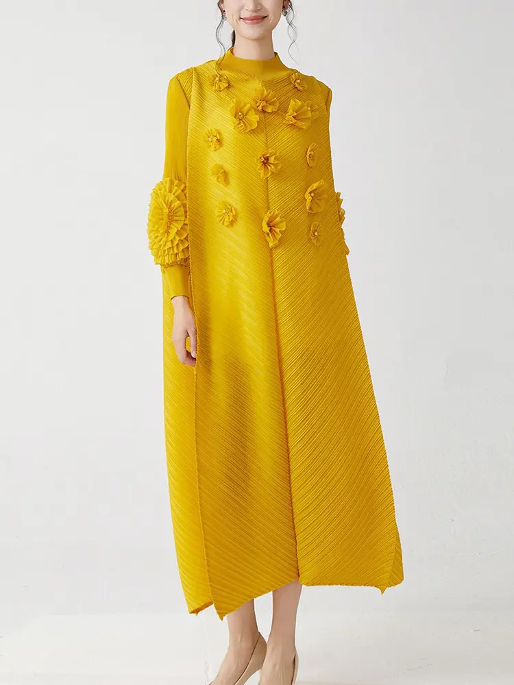 LANMREM Women's Loose Pleated Dress High-end Three-dimensional Flower Spliced Design Casual Stand Collar Long Dresses 2DB3528