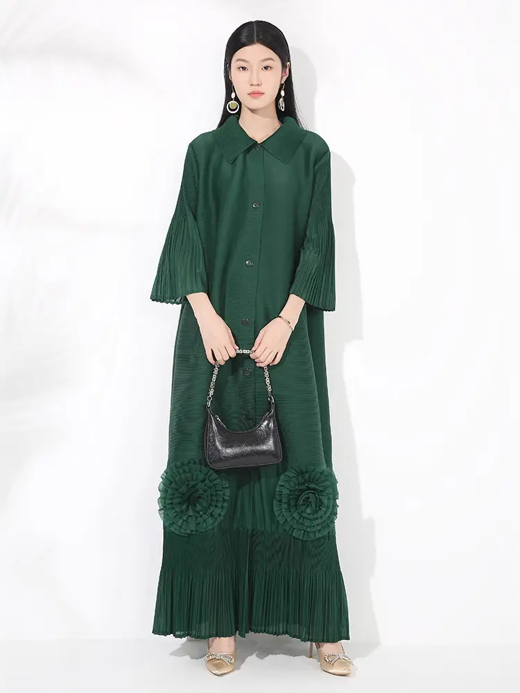 LANMREM Loose Temperament New Women's Dress High-end Chic Lapel Flared Sleeves Floral Long Breasted Cardigan Dresses 2DB3446