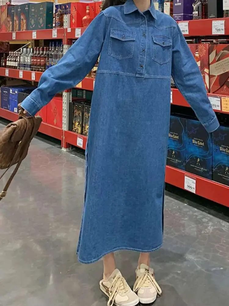 LANMREM Denim Dress For Women's Lapel Long Sleeves Solid Color Single Breasted Split Dresses 2025 Spring New Clothing 2Z2504