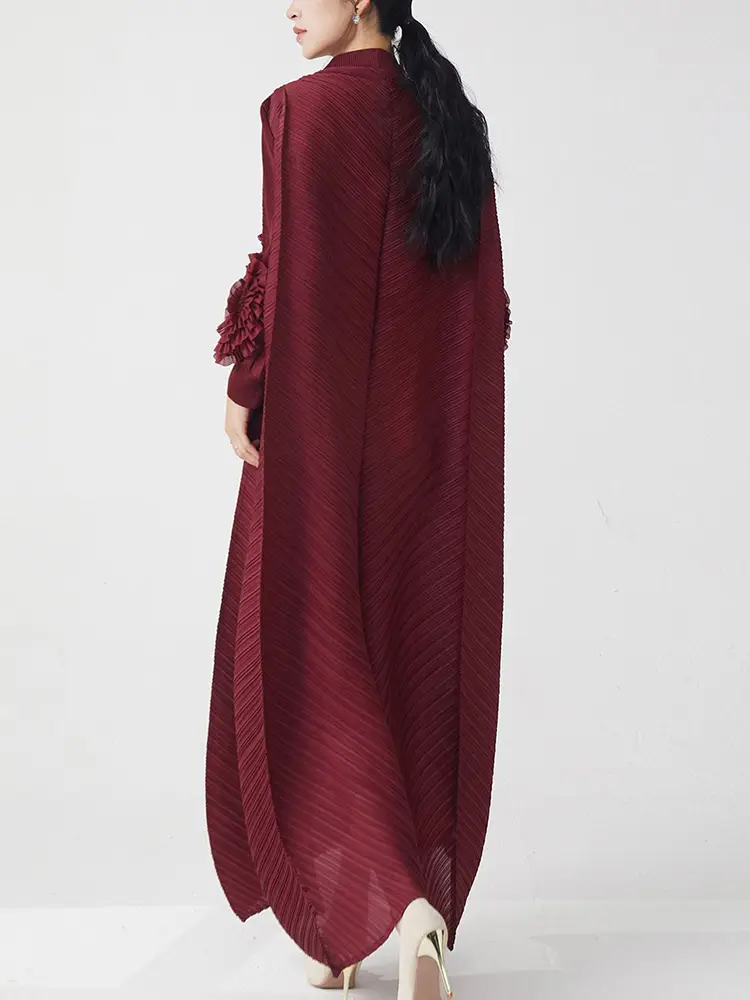 LANMREM Women's Loose Pleated Dress High-end Three-dimensional Flower Spliced Design Casual Stand Collar Long Dresses 2DB3528