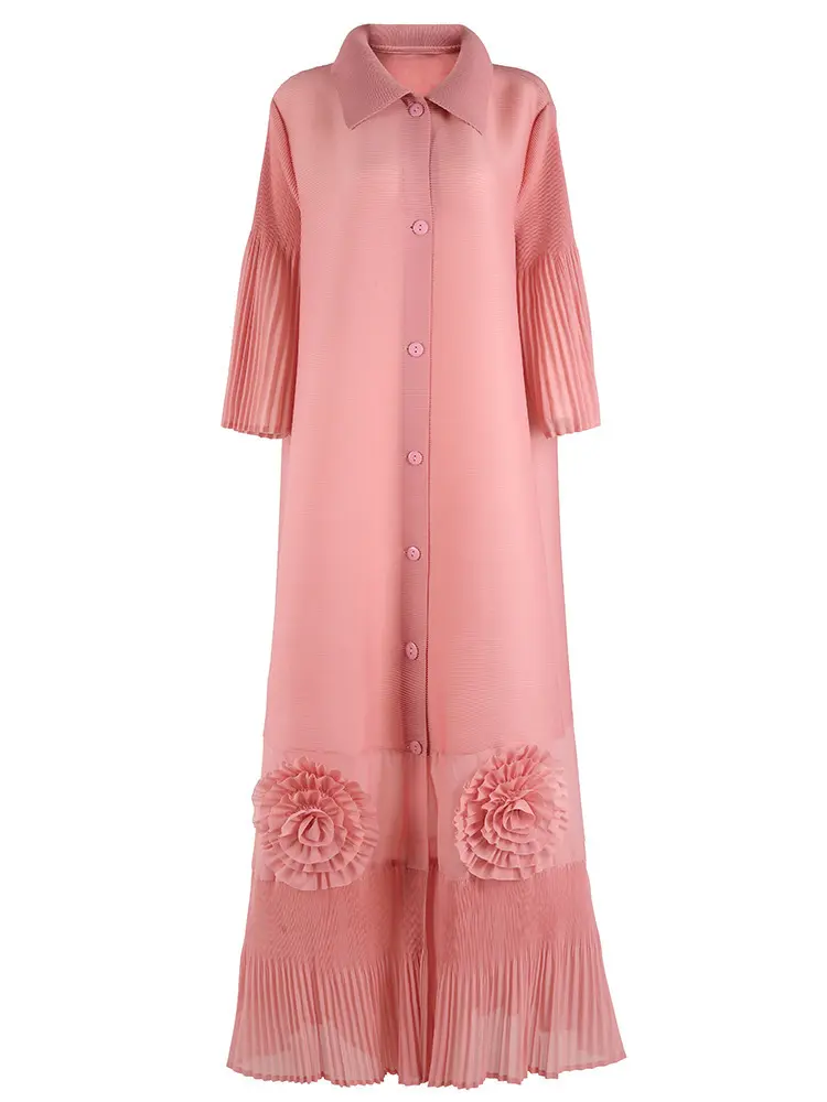 LANMREM Loose Temperament New Women's Dress High-end Chic Lapel Flared Sleeves Floral Long Breasted Cardigan Dresses 2DB3446