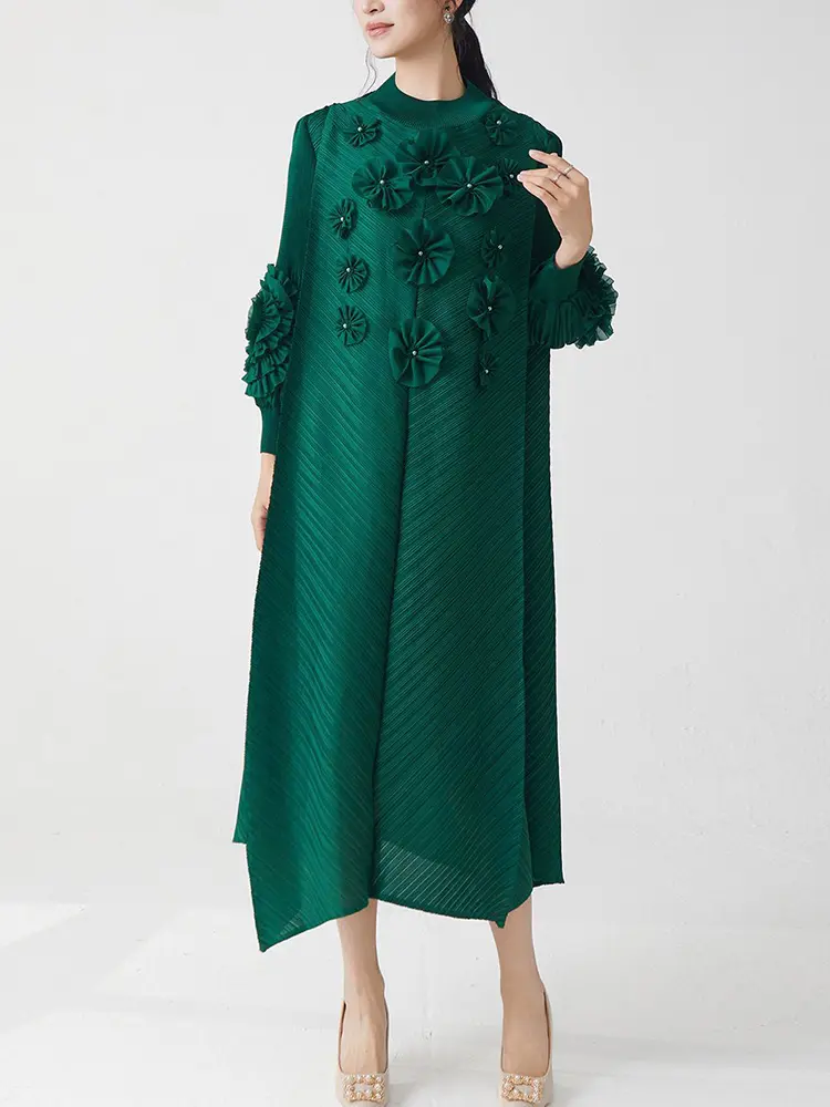 LANMREM Women's Loose Pleated Dress High-end Three-dimensional Flower Spliced Design Casual Stand Collar Long Dresses 2DB3528