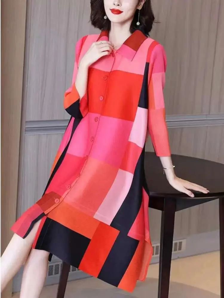 LANMREM Patchwork Color Pleated Dress Women Fashion tide 2025 New Lapel Single Breasted Long Sleeve Casual Loose Dresses 2DE683