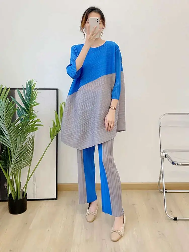LANMREM Pleated Set 2024 Summer New Color Block Irregular Long Loose Top Contrast Straight Pants Two Pieces Fashion Set 2R2390