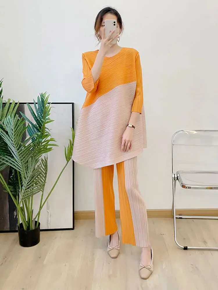 LANMREM Pleated Set 2024 Summer New Color Block Irregular Long Loose Top Contrast Straight Pants Two Pieces Fashion Set 2R2390