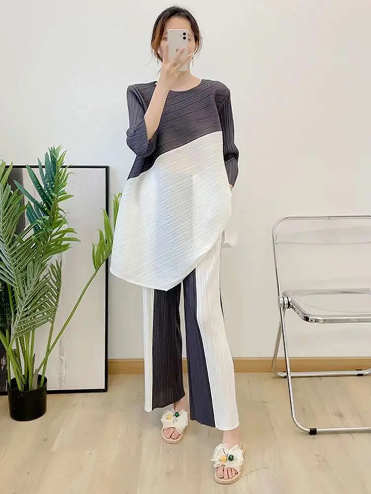LANMREM Pleated Set 2024 Summer New Color Block Irregular Long Loose Top Contrast Straight Pants Two Pieces Fashion Set 2R2390
