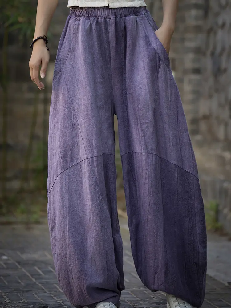 LANMREM Casual Cotton Linen Tie Dye Pants For Women Elastic High Waist Pockets Design Loose Trousers 2025 Spring New 2Z2196