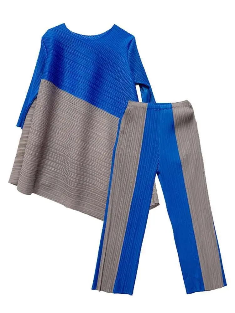 LANMREM Pleated Set 2024 Summer New Color Block Irregular Long Loose Top Contrast Straight Pants Two Pieces Fashion Set 2R2390