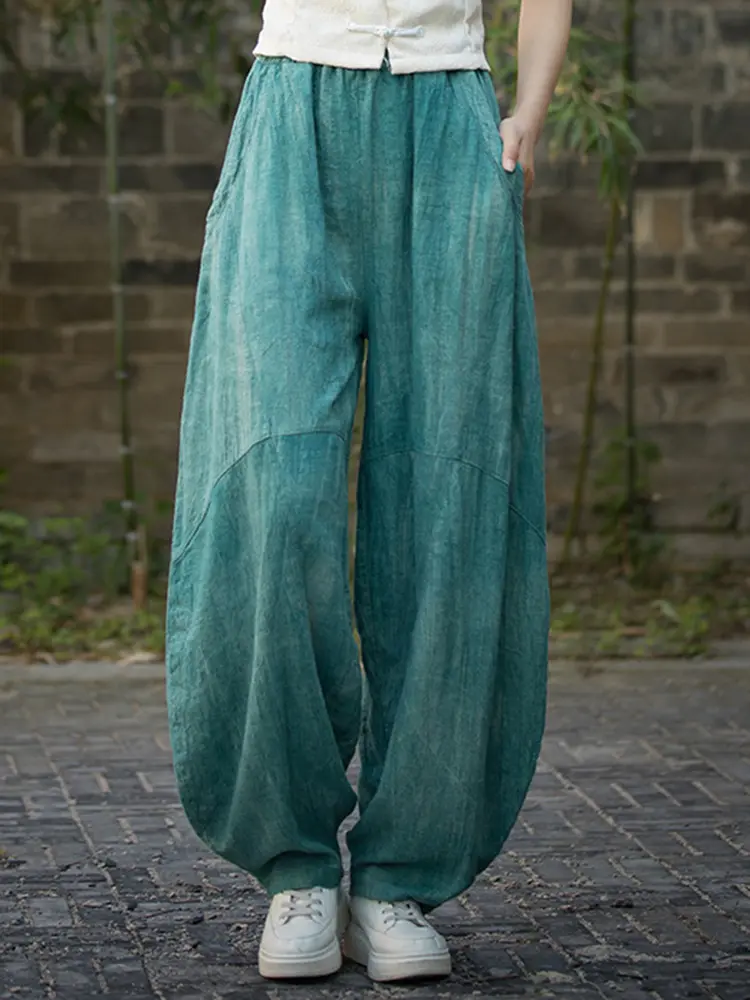 LANMREM Casual Cotton Linen Tie Dye Pants For Women Elastic High Waist Pockets Design Loose Trousers 2025 Spring New 2Z2196