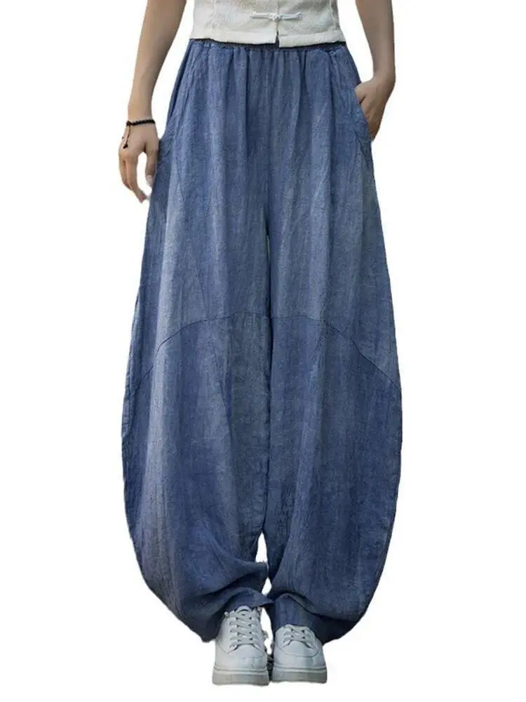LANMREM Casual Cotton Linen Tie Dye Pants For Women Elastic High Waist Pockets Design Loose Trousers 2025 Spring New 2Z2196