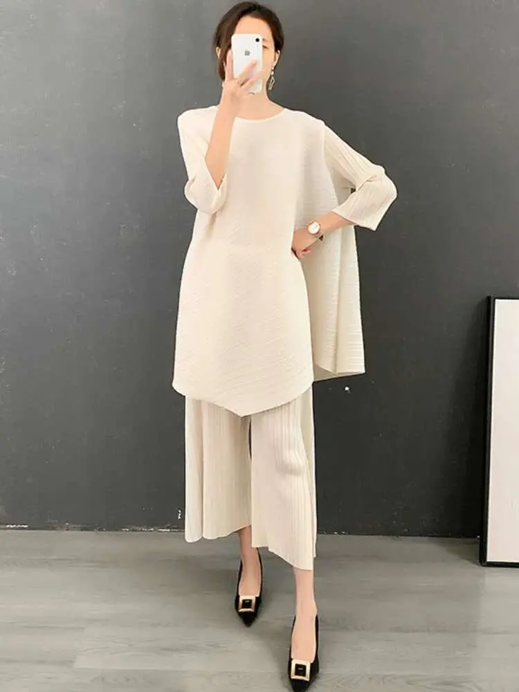 LANMREM Two Pieces Pleated Sets For Women 2025 Spring Long Loose Top With Wide Leg Pants Female Casual Sets 2M299
