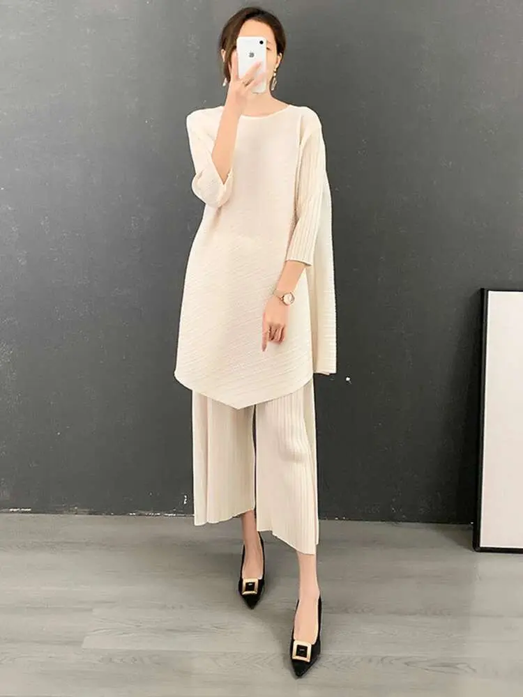 LANMREM Two Pieces Pleated Sets For Women 2025 Spring Long Loose Top With Wide Leg Pants Female Casual Sets 2M299