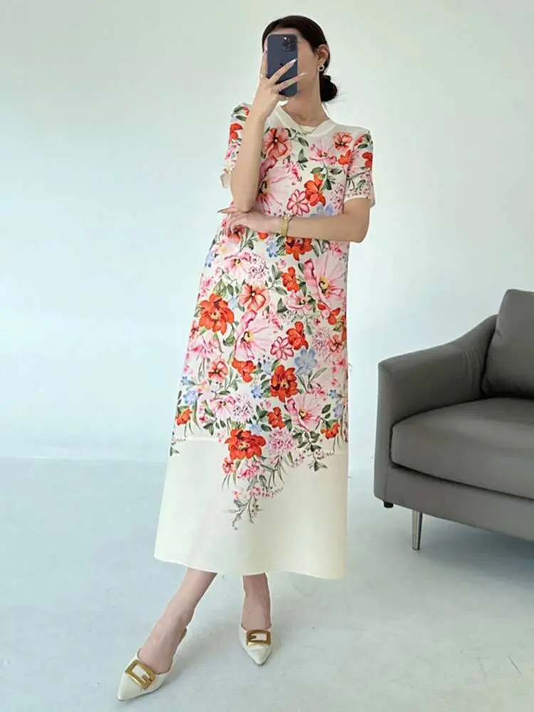 LANMREM Pleated Printting Blue Women's Dress Loose Casual Short Sleeve Elastic Summer Dresses 2025 New Chic Clothing 2DB3513
