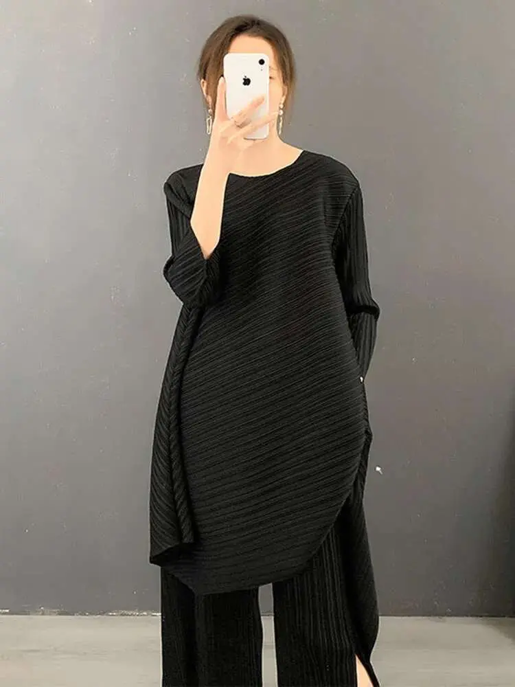 LANMREM Two Pieces Pleated Sets For Women 2025 Spring Long Loose Top With Wide Leg Pants Female Casual Sets 2M299