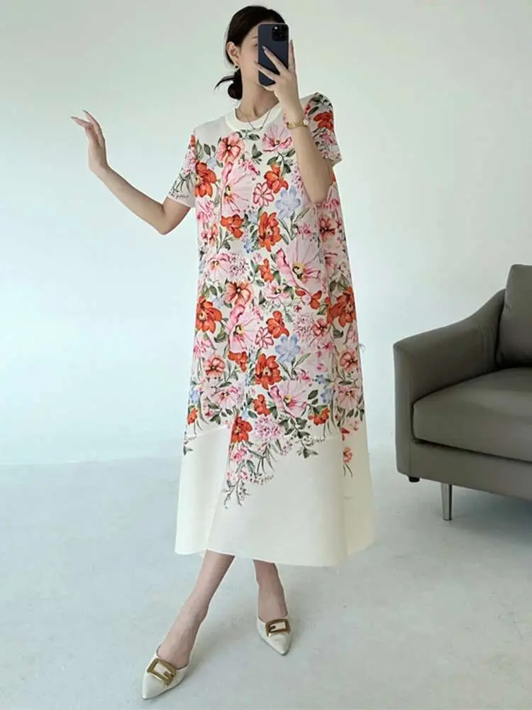 LANMREM Pleated Printting Blue Women's Dress Loose Casual Short Sleeve Elastic Summer Dresses 2025 New Chic Clothing 2DB3513