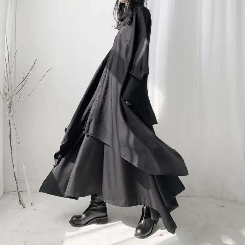 LANMREM 2025 Dark Wind Asymmetrical Loose Homemade Long Lapels Single-breasted Solid Color Long-sleeved Shirt Women 19B-a267