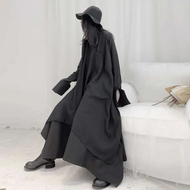 LANMREM 2025 Dark Wind Asymmetrical Loose Homemade Long Lapels Single-breasted Solid Color Long-sleeved Shirt Women 19B-a267
