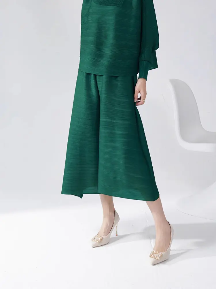 LANMREM Niche Pleated Calf Length Pants Women's 2025 New Elastic High Waist Chic Wide Leg Pants Summer High-end Bottoms 2DB3533