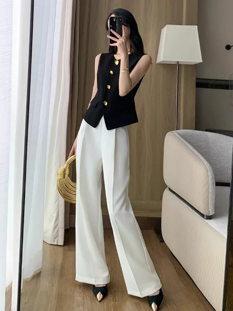 LANMREM Black Vest For Women Metal Button Slim Female All Match Fashion Coat Office Lady 2024 Summer Autumn New 2DA5810
