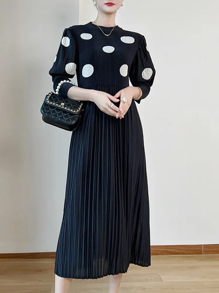 LANMREM Designer Pleated Print Women Dress Stand Collar Three Quarter Lantern Sleeve High Wasit Dresses 2025 Summer New 2YA247